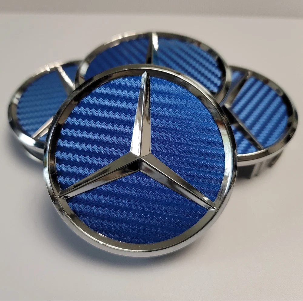 4 Blue Carbon Fiber WHEEL CENTER HUB CAPS EMBLEM FITS MERCEDES BENZ 75MM/3INCH - Picture 2 of 5